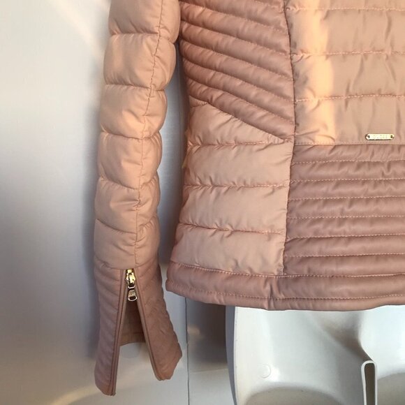 GUESS stretch water/windproof blush pink puffer moto contrasting vegan leather M - Picture 10 of 16